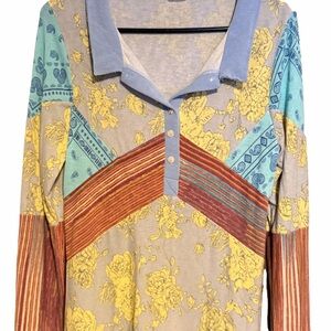 BUCKETLIST Patchwork Floral Long-Sleeve Polo in Yellow, Blue, and Rust